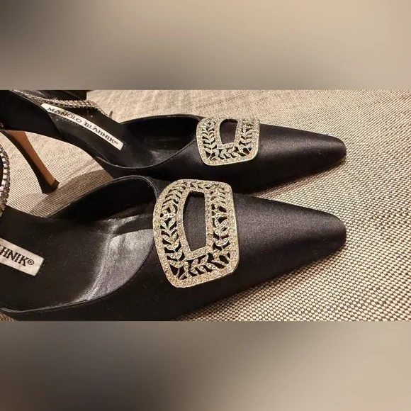 Manolo Blahnik Black Heels with Crystal Ankle and Emblem Embellishments, 37.5